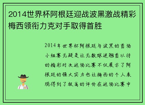 2014世界杯阿根廷迎战波黑激战精彩梅西领衔力克对手取得首胜