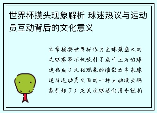 世界杯摸头现象解析 球迷热议与运动员互动背后的文化意义