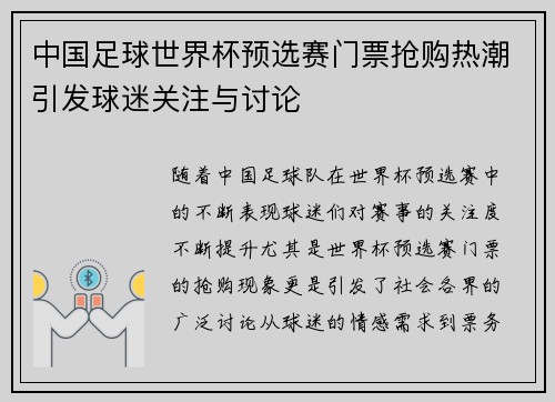 中国足球世界杯预选赛门票抢购热潮引发球迷关注与讨论