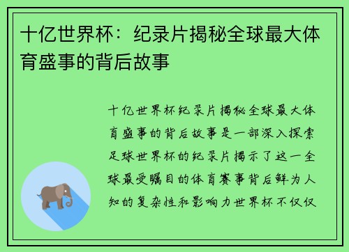 十亿世界杯：纪录片揭秘全球最大体育盛事的背后故事