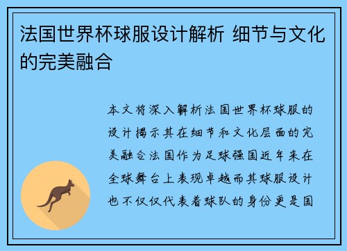 法国世界杯球服设计解析 细节与文化的完美融合